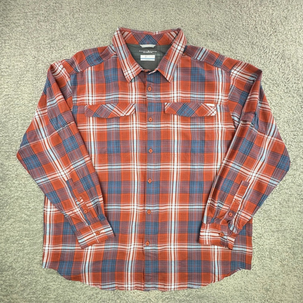 Columbia Omni-Shade Plaid Button Down Shirt Mens 2X Red Blue XS1181 Long Sleeve - Picture 2 of 14